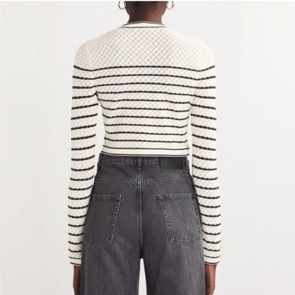 SANDRO Cropped White and Black Striped Cardigan Gold Hardware Buttons Sz 2 = Med - Picture 9 of 12